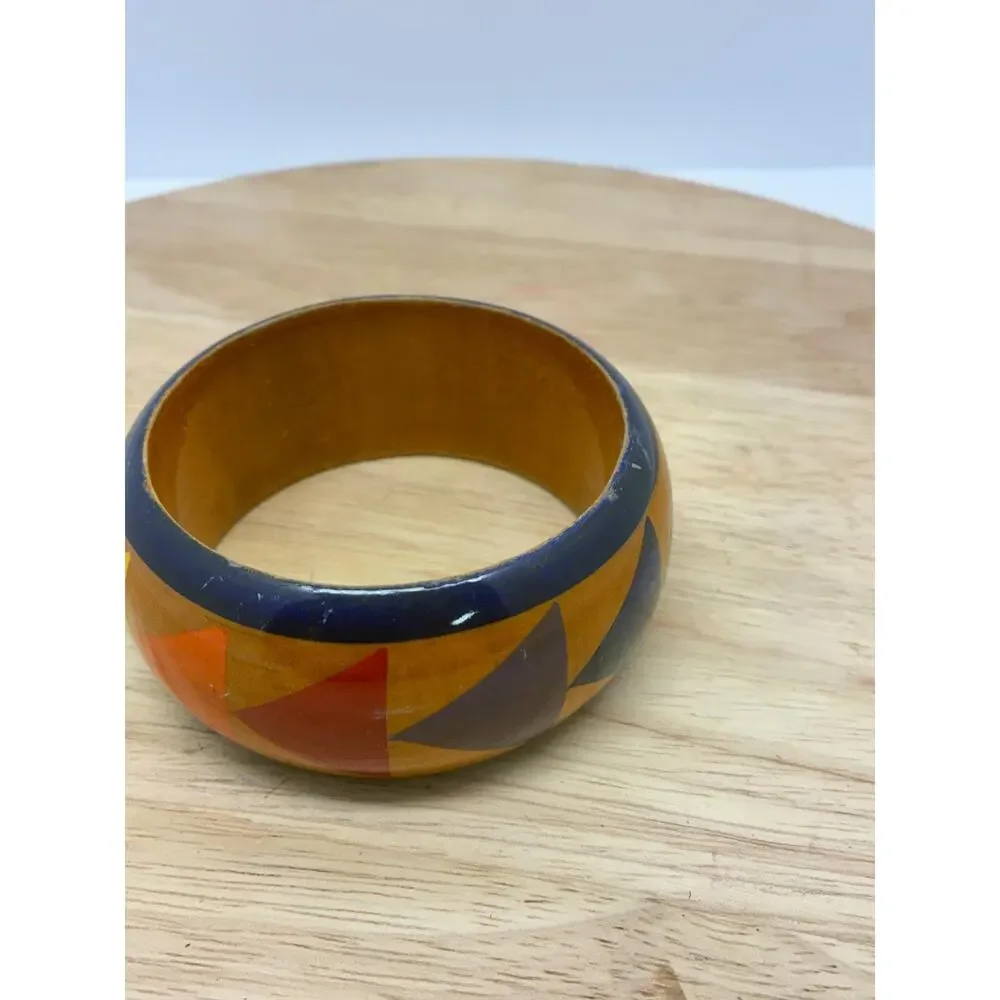 Vintage Wide Wooden Bangle Bracelet | Hand Painted Geometric Boho Bracelet